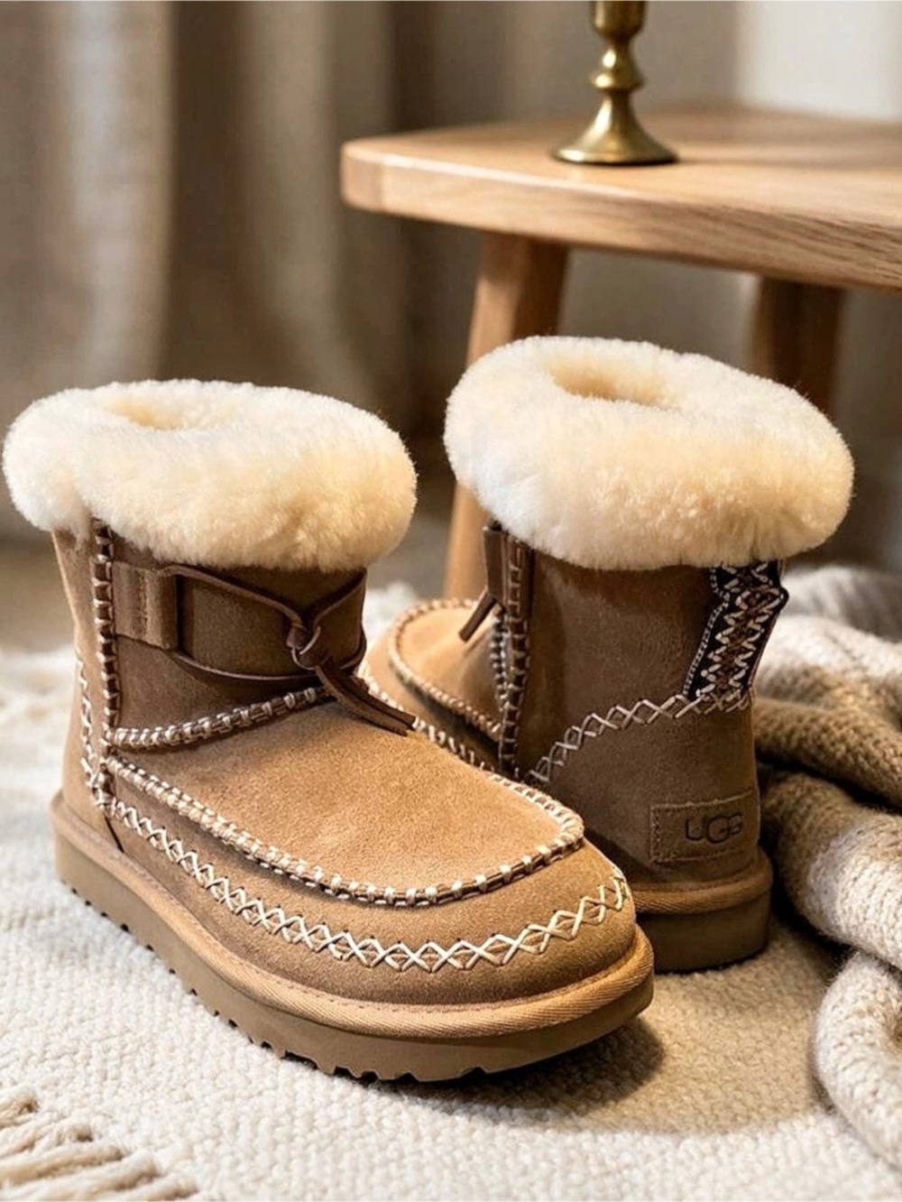UGG Classic Mini Alpine Boots Chestnut Suede Shearling Fur Lace Up Size 6